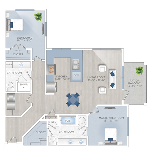 Floor plan for 2 beds, 2 baths, 1262 sqft